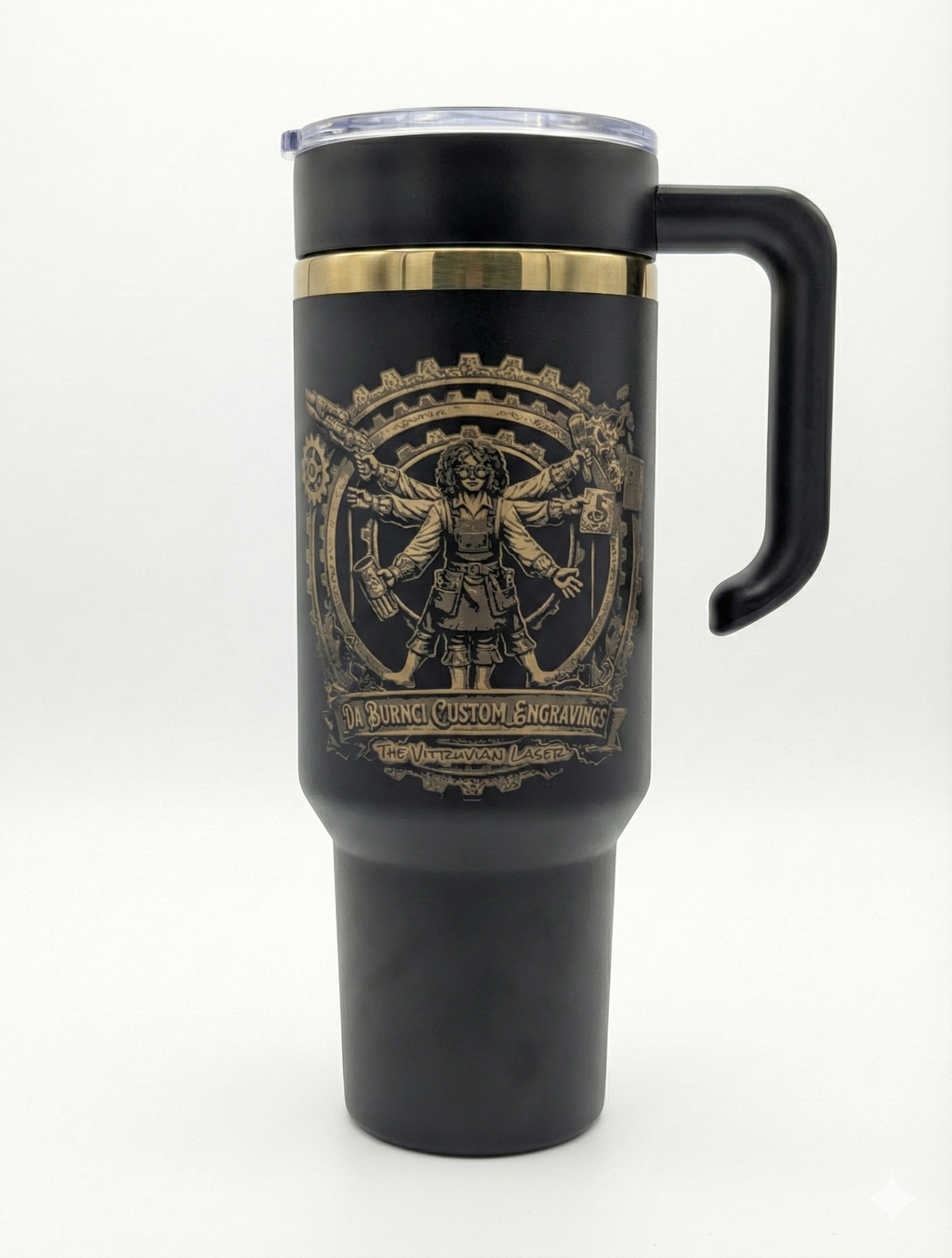 Custom Laser Engraved Tumbler with Handle - Personalized Name, Logo, or Quote - 40oz Black & Gold Travel Mug
