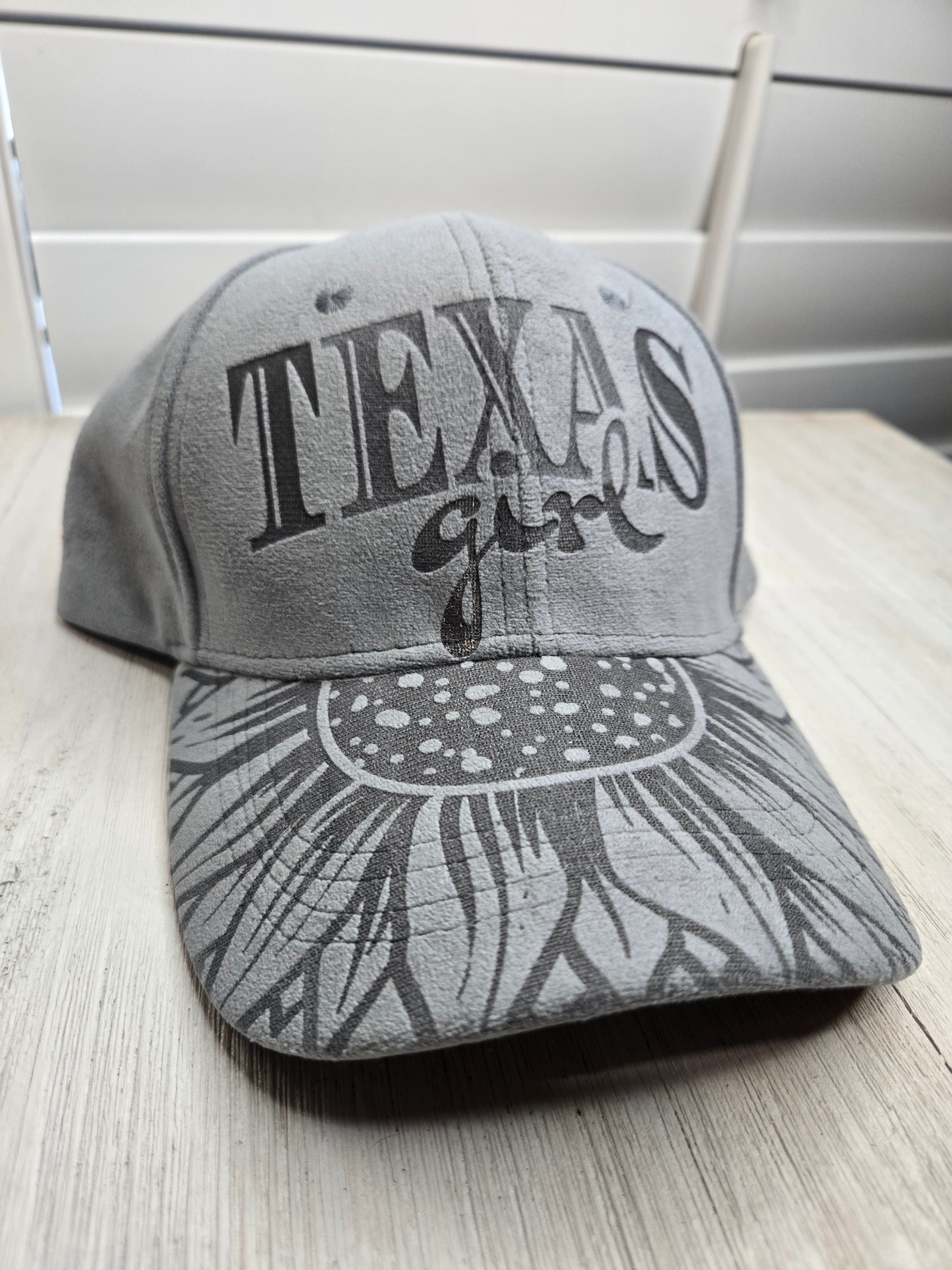 Texas Girl Engraved Suede Ball Cap Grey Sunflower