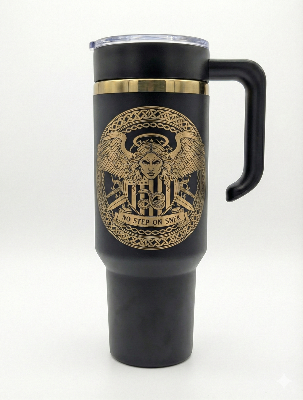 Custom Laser Engraved Tumbler with Handle - Personalized Name, Logo, or Quote - 40oz Black & Gold Travel Mug