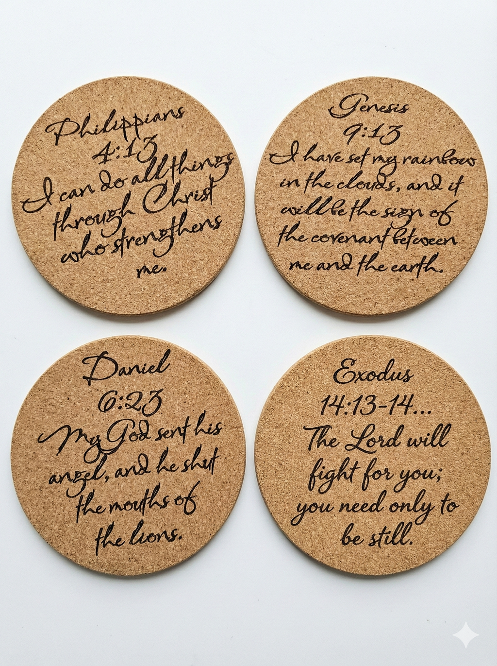 Double-Sided Biblical Story & Scripture Cork Coasters | Set of 4 | Laser Engraved Christian Gift