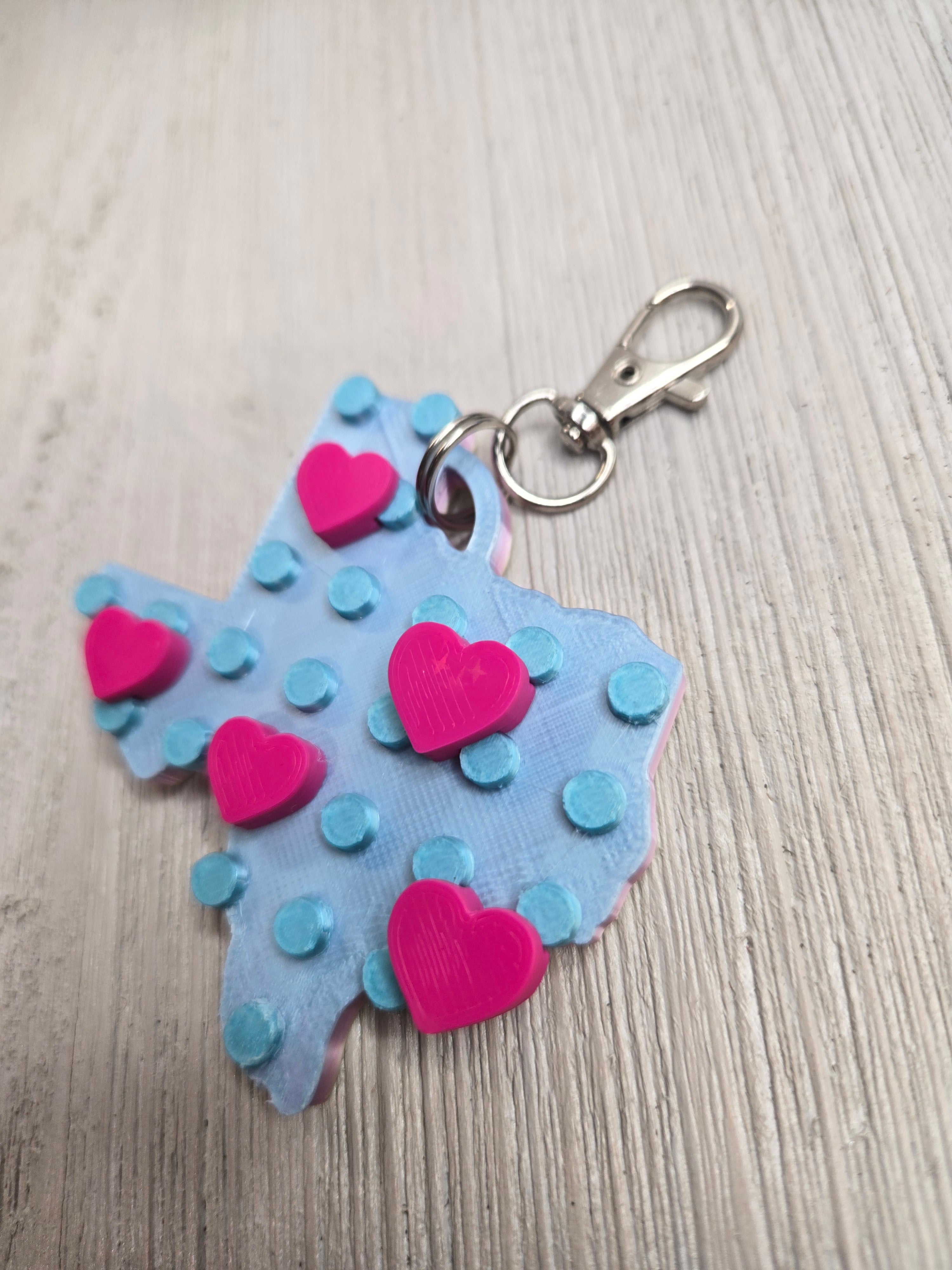 Texas Love Keychain Bag Charm Clip Movable Heart Turquoise on Top