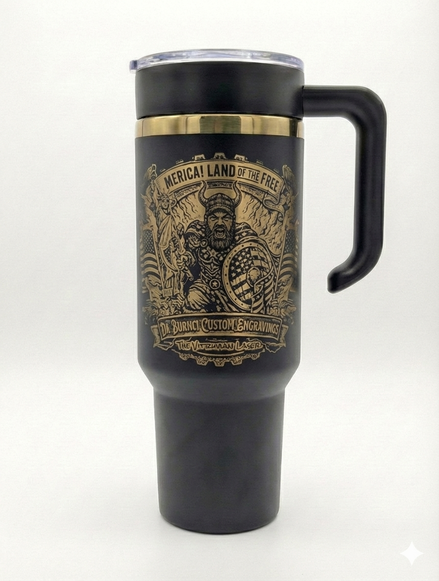 Custom Laser Engraved Tumbler with Handle - Personalized Name, Logo, or Quote - 40oz Black & Gold Travel Mug