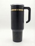 Custom Laser Engraved Tumbler with Handle - Personalized Name, Logo, or Quote - 40oz Black & Gold Travel Mug