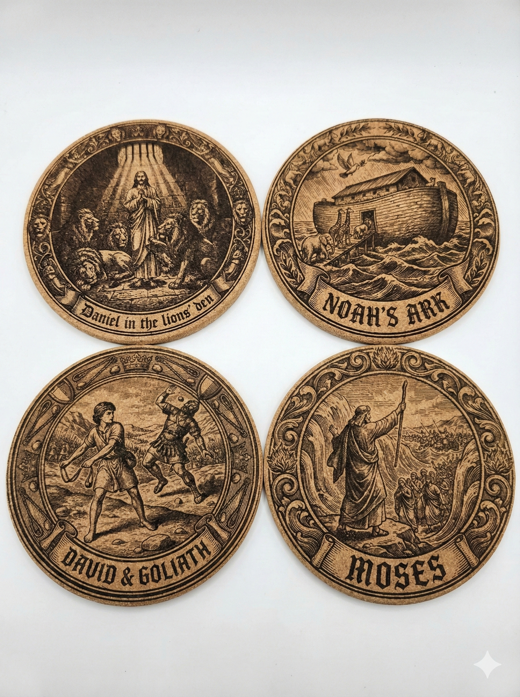 Double-Sided Biblical Story & Scripture Cork Coasters | Set of 4 | Laser Engraved Christian Gift