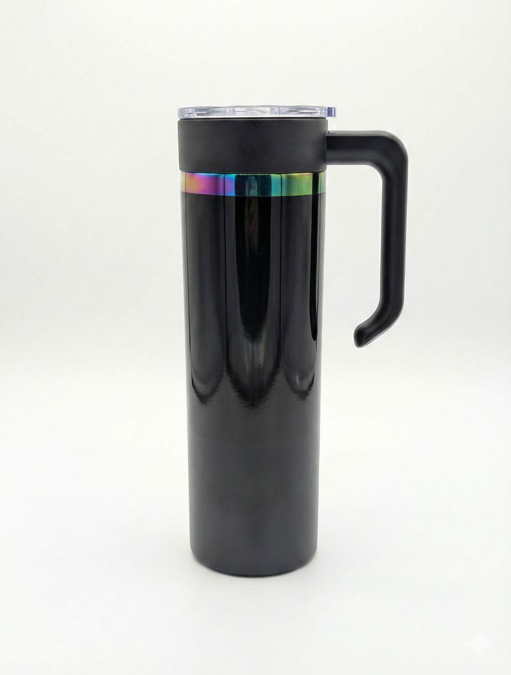 Custom Laser Engraved 20oz Skinny Tumbler - Glossy Black with Rainbow Chrome Rim & Handle