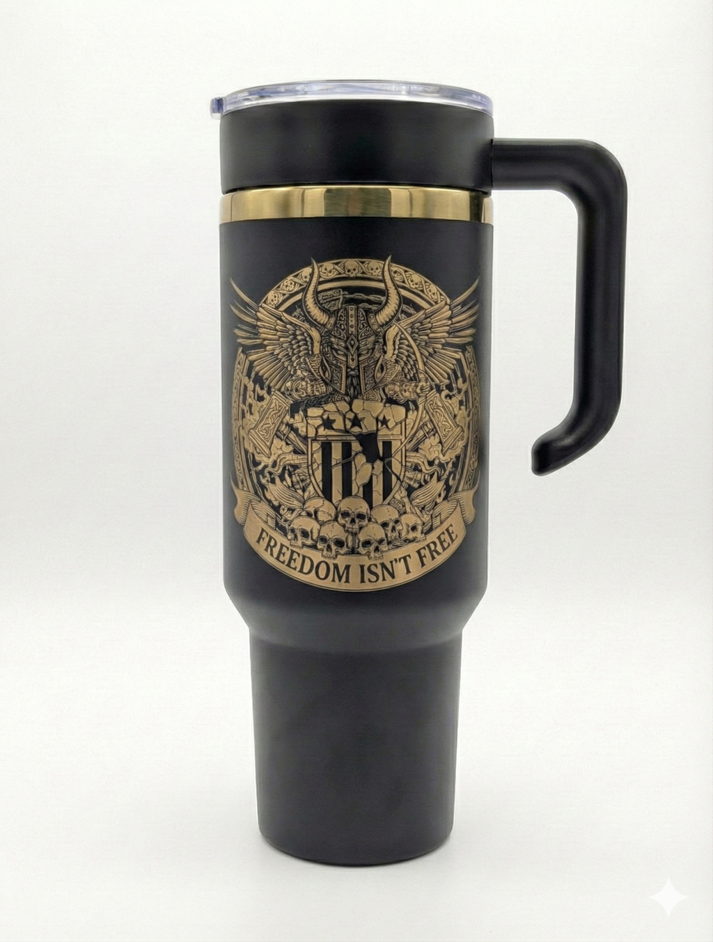 Custom Laser Engraved Tumbler with Handle - Personalized Name, Logo, or Quote - 40oz Black & Gold Travel Mug