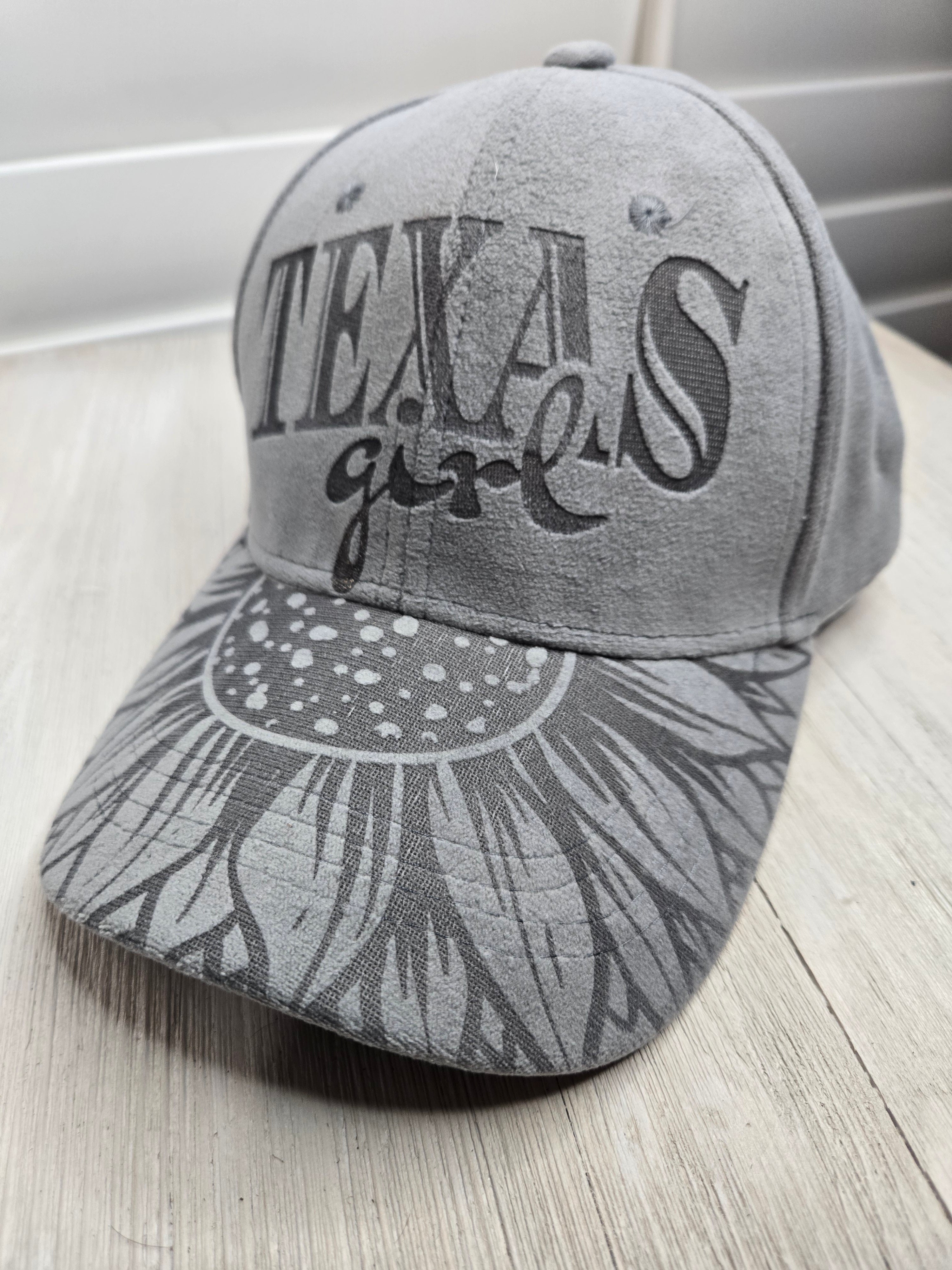 Texas Girl Engraved Suede Ball Cap Grey Sunflower