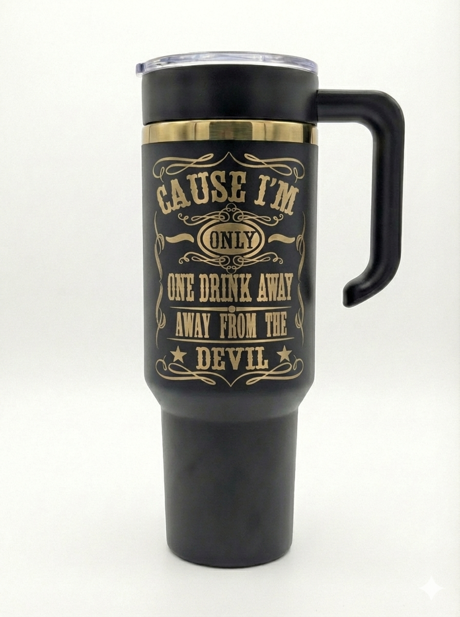 Custom Laser Engraved Tumbler with Handle - Personalized Name, Logo, or Quote - 40oz Black & Gold Travel Mug